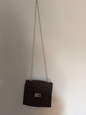 Brown Check Chain-Strap Crossbody Bag with Gold Hardware